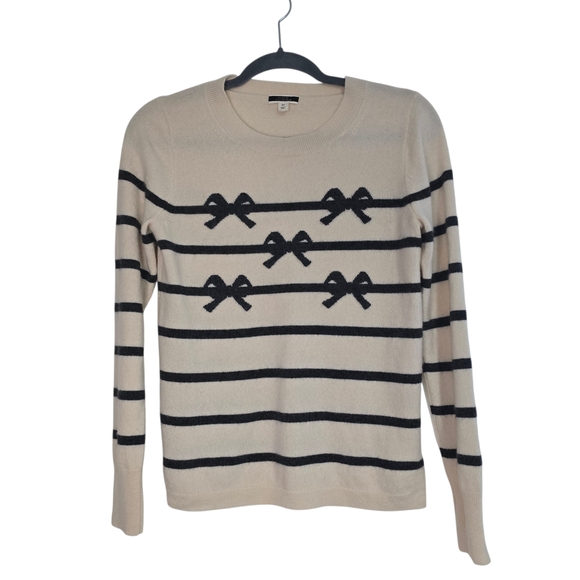 J. Crew Cashmere Crewneck Sweater with Bow Ties Stripes Cream and Grey Preppy Gi - Picture 2 of 11